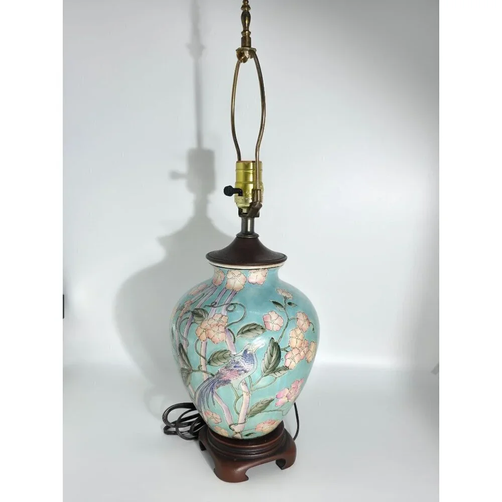 Vintage Floral Ceramic Table Lamp With Hand-Painted Bird Design On Wood Base